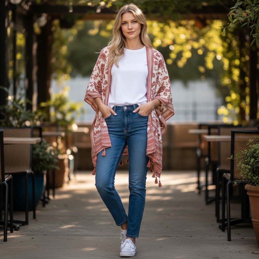 Vince Camuto Kimono Wrap OS Terracotta Floral Bird Tassel Boho Whimsical 28x38
